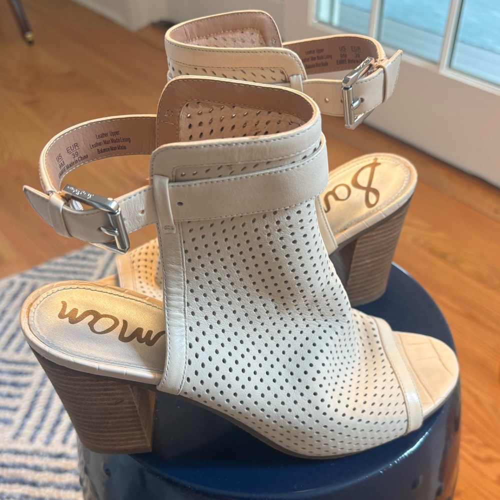 Clarks Cream Block Heel Sandals with Ankle Strap